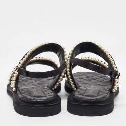 Chanel Black Satin Faux Pearl Embellished Flat Sandals Size 41
