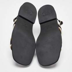 Chanel Black Satin Faux Pearl Embellished Flat Sandals Size 41