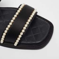 Chanel Black Satin Faux Pearl Embellished Flat Sandals Size 41