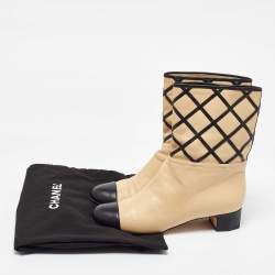 Chanel Beige/Black Quilted Leather Cap Toe Mid Calf Boots Size 38