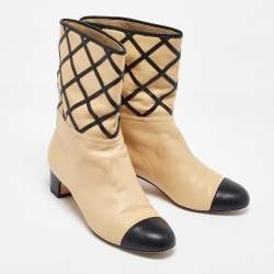 Chanel Beige/Black Quilted Leather Cap Toe Mid Calf Boots Size 38