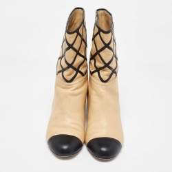 Chanel Beige/Black Quilted Leather Cap Toe Mid Calf Boots Size 38