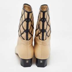 Chanel Beige/Black Quilted Leather Cap Toe Mid Calf Boots Size 38