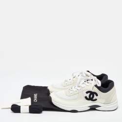 Pre Owned Chanel White Mesh and Suede Low Top Sneakers Size 38.5
