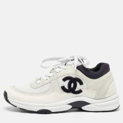 Pre Owned Chanel White Mesh and Suede Low Top Sneakers Size 38.5