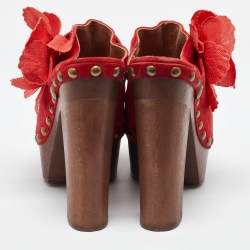 Chanel Red Suede Studded Wood Platform Block Heel Clogs Size 38.5