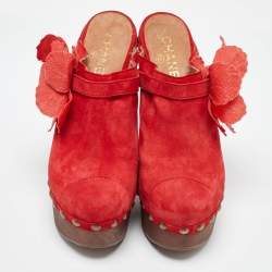 Chanel Red Suede Studded Wood Platform Block Heel Clogs Size 38.5