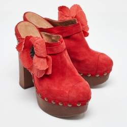 Chanel Red Suede Studded Wood Platform Block Heel Clogs Size 38.5