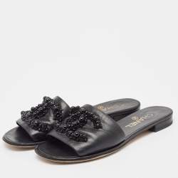 Chanel Black Leather Embellished CC Flat Slides Size 36