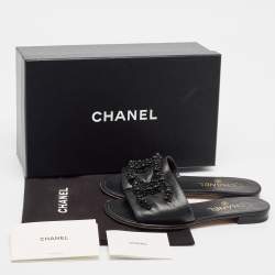 Chanel Black Leather Embellished CC Flat Slides Size 36