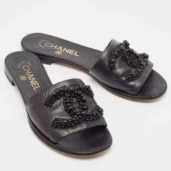 Chanel Black Leather Embellished CC Flat Slides Size 36