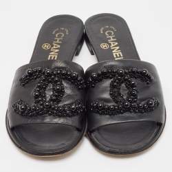 Chanel Black Leather Embellished CC Flat Slides Size 36