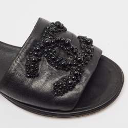 Chanel Black Leather Embellished CC Flat Slides Size 36