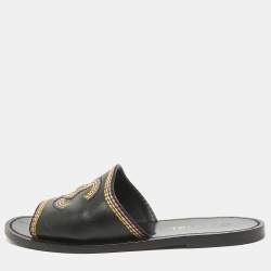 Pre Owned Chanel Black Leather Embroidered CC Flat Slides Size 36