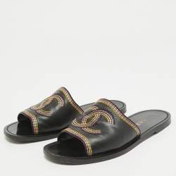 Pre Owned Chanel Black Leather Embroidered CC Flat Slides Size 36
