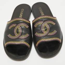 Pre Owned Chanel Black Leather Embroidered CC Flat Slides Size 36