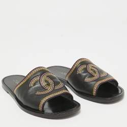 Pre Owned Chanel Black Leather Embroidered CC Flat Slides Size 36