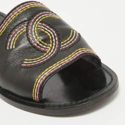 Pre Owned Chanel Black Leather Embroidered CC Flat Slides Size 36