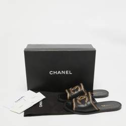 Pre Owned Chanel Black Leather Embroidered CC Flat Slides Size 36