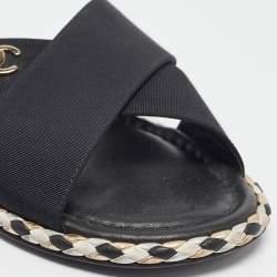 Pre Owned Chanel Black Canvas CC Flat Slides Size 38