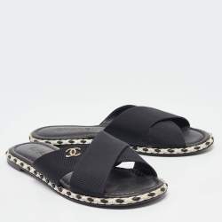 Pre Owned Chanel Black Canvas CC Flat Slides Size 38
