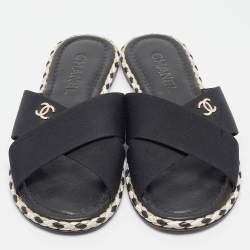 Pre Owned Chanel Black Canvas CC Flat Slides Size 38