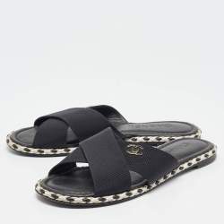 Pre Owned Chanel Black Canvas CC Flat Slides Size 38
