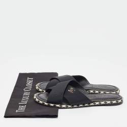 Pre Owned Chanel Black Canvas CC Flat Slides Size 38