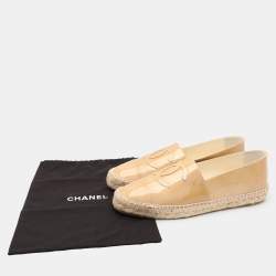 Chanel Beige Patent Leather CC Cap Toe Espadrille Flats Size 42