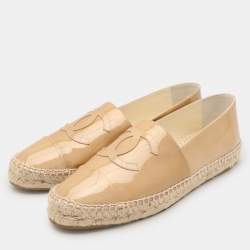 Chanel Beige Patent Leather CC Cap Toe Espadrille Flats Size 42