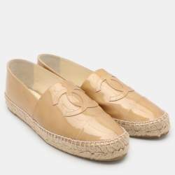 Chanel Beige Patent Leather CC Cap Toe Espadrille Flats Size 42