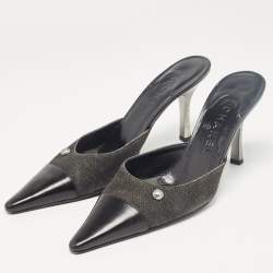 Chanel Black Leather and Canvas Pointed Toe Mules Size 39.5