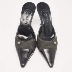 Chanel Black Leather and Canvas Pointed Toe Mules Size 39.5