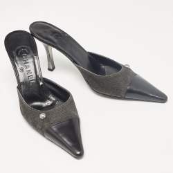 Chanel Black Leather and Canvas Pointed Toe Mules Size 39.5