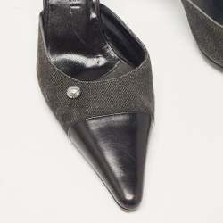 Chanel Black Leather and Canvas Pointed Toe Mules Size 39.5