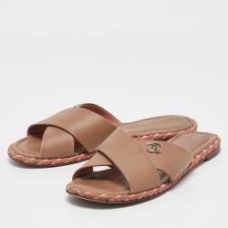 Chanel Brown Leather CC Crisscross Flat Slides Size 38