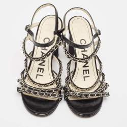 Chanel Black Leather Chain Link Strappy Sandals Size 39.5