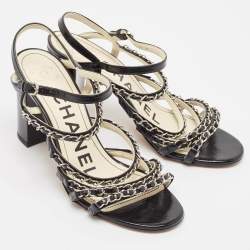 Chanel Black Leather Chain Link Strappy Sandals Size 39.5
