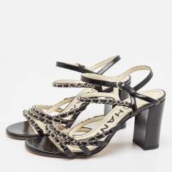 Chanel Black Leather Chain Link Strappy Sandals Size 39.5