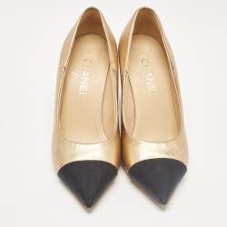 Chanel Gold/Black Leather and Fabric CC Pumps Size 38