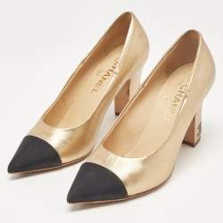 Chanel Gold/Black Leather and Fabric CC Pumps Size 38