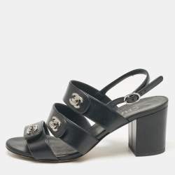Pre Owned Chanel Black Leather Ankle Strap Sandals Size 37