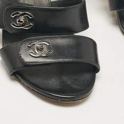 Pre Owned Chanel Black Leather Ankle Strap Sandals Size 37