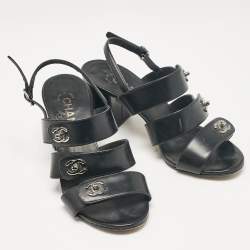 Pre Owned Chanel Black Leather Ankle Strap Sandals Size 37