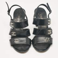 Pre Owned Chanel Black Leather Ankle Strap Sandals Size 37