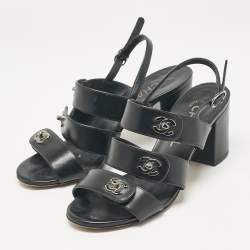 Pre Owned Chanel Black Leather Ankle Strap Sandals Size 37