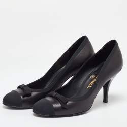 Chanel Black Leather and Fabric Bow CC Cap Toe Pumps Size 35.5