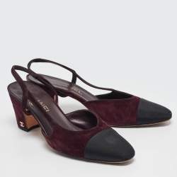 Pre Owned Chanel Plum/Black Suede and Fabric CC Slingback Pumps Size 38.5