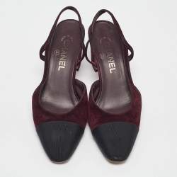 Pre Owned Chanel Plum/Black Suede and Fabric CC Slingback Pumps Size 38.5