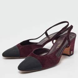 Pre Owned Chanel Plum/Black Suede and Fabric CC Slingback Pumps Size 38.5